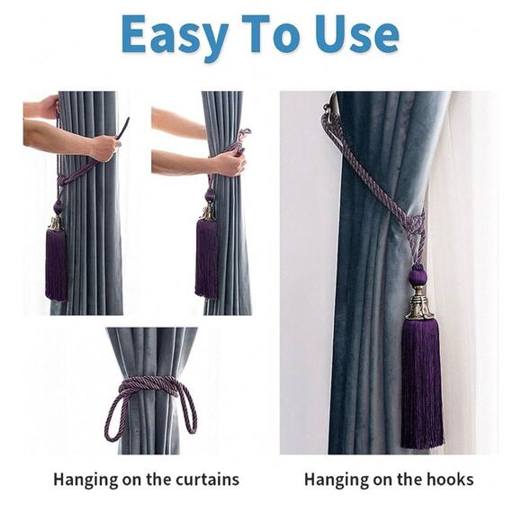 2 Melodieux Decorative Curtain Tiebacks Antique Bell Tassels Holdbacks Purple - Picture 2 of 4